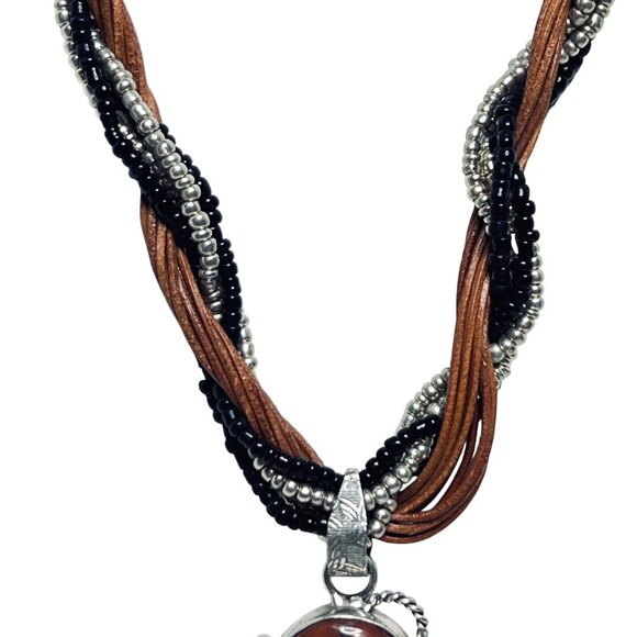 12 Strand Black And Gold Seed Bead Necklace With Floral Jasper Pendant (5892) - Picture 2 of 6